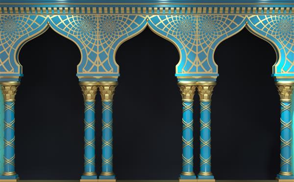 تصویر سه بعدی طاق های شرقی و ستون های کلاسیک به سبک هندی