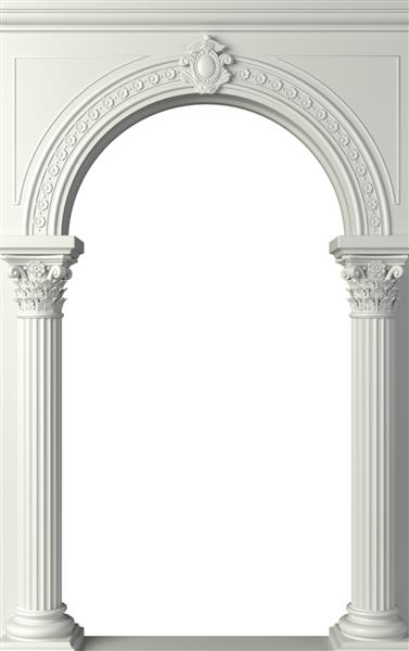 تصویر 3 بعدی ستون سفید عتیقه با ستون های قرنتی ورودی یا طاقچه سه قوسی