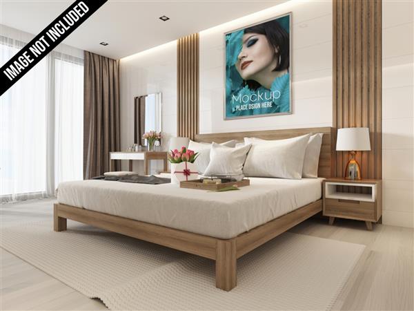 اتاق خواب سبک مدرن با مبلمان چوبی به سبک اسکاندیناویایی ماکت قاب دیواری با رندر سه بعدی