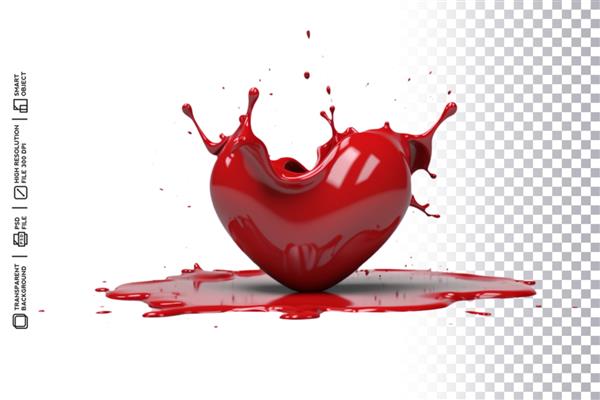 Psd جدا شده سه بعدی قرمز واقعی و قطرات مایع با شکل قلب در پس زمینه شفاف