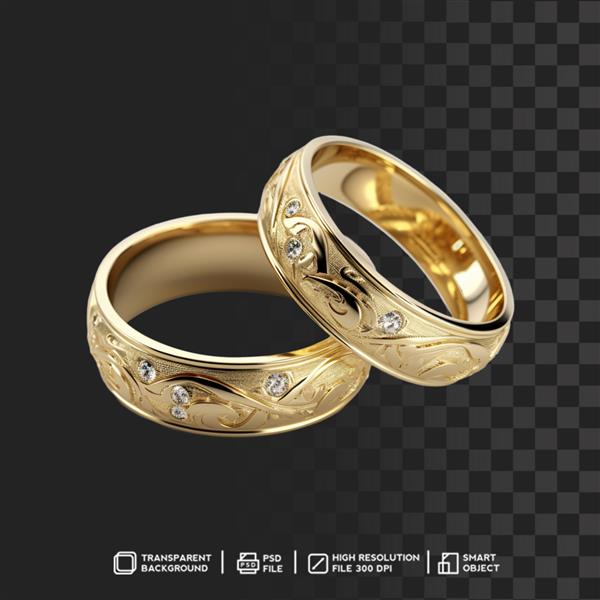 حلقه های ازدواج طلایی اتحادیه زیبا با زیور آلات در پس زمینه شفاف