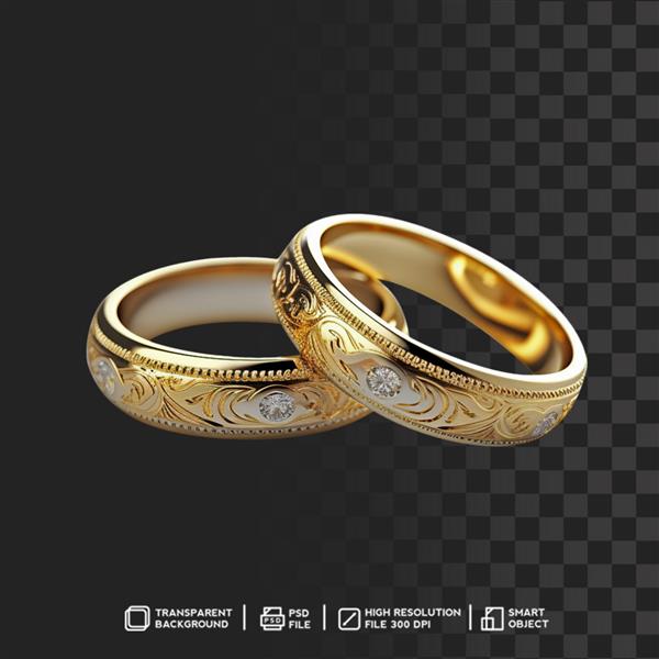 حلقه های طلای درخشان عروسی با زیور در پس زمینه شفاف