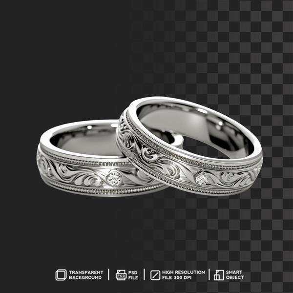 حلقه های نقره ای درخشان عروسی با زیور در پس زمینه شفاف