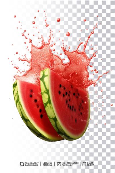 اثر هنری مایع آب پاش هندوانه دلپذیر با حرکت آب میوه قرمز پویا در پس‌زمینه شفاف