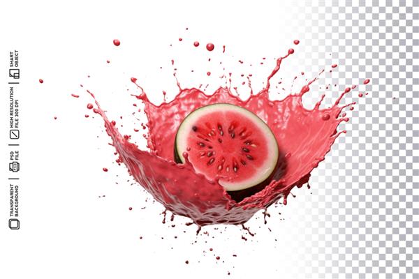 تصویری بازیگوش از آب پاشیدن هندوانه با قطرات آب قرمز در حال ترکیدن روی پس زمینه شفاف