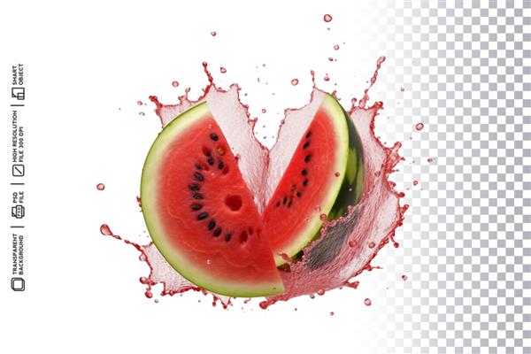 تصویر مایع پاشش هندوانه پر جنب و جوش با آبمیوه قرمز در حال پاشیدن در پس زمینه شفاف
