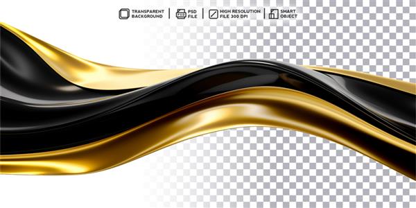 رندر سه بعدی واقع گرایانه زیبایی درخشان از موج طلایی و سیاه در پس زمینه شفاف