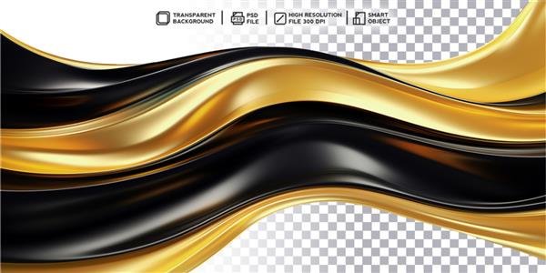 رندر سه بعدی واقع گرایانه طلای سیال از موج سیاه و طلایی آبشاری در پس زمینه شفاف