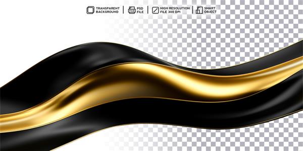 رندر سه بعدی واقع گرایانه سمفونی طلایی از موج سیاه و طلایی هماهنگ در پس زمینه شفاف