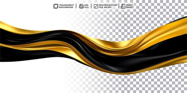 موج های طلایی رندر سه بعدی واقع گرایانه از موج سیاه و طلایی جاری در پس زمینه شفاف