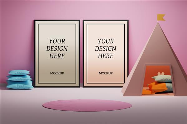 ماکت psd قابل ویرایش با اتاق و دو قاب در فضای داخلی صورتی رنگ با خانه بازی ویگوام