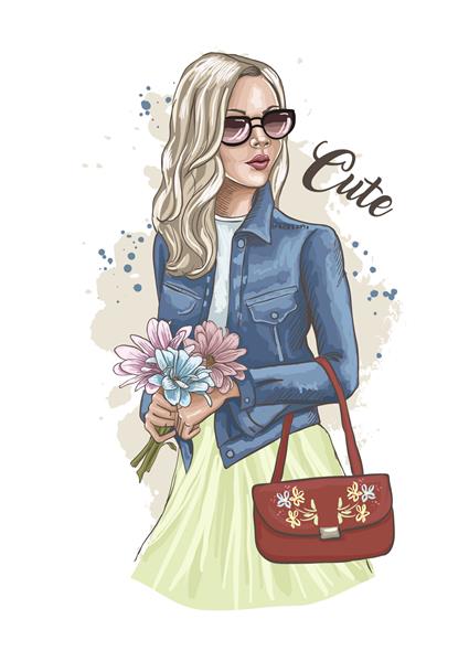 زن جوان زیبا دسته گلی در دست دارد خانم شیک پوش با کت جین و عینک آفتابی ژست مدل لباس سبک گاه به گاه طرح طراحی شده با دست تصویر برداری از مد