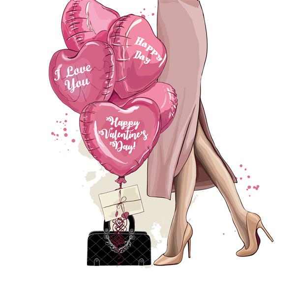 تصویرسازی مد کارت زیبای روز ولنتاین با بادکنک هایی به شکل قلب بادکنک های متصل به یک کیف مد هدیه شیک برای خانم های مد قالب برای کارت پستال طرح بردار