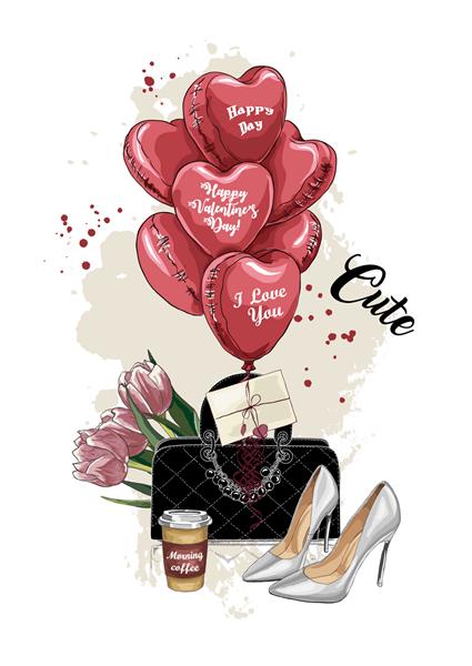 کارت مد زیبا مجموعه ای از اکسسوری های شیک برای خانم ها کیف کفش فنجان قهوه یک دسته گل لاله بادکنک قالب برای کارت های روز ولنتاین تصویرسازی مد طرح بردار