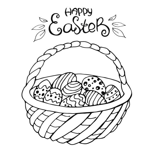 سبد طراحی شده با دست با تخم مرغ های رنگی در پس زمینه سفید عید پاک مبارک بردار کارت تعطیلات بهار ایده آل برای رنگ آمیزی کتاب چاپ کارت تبریک