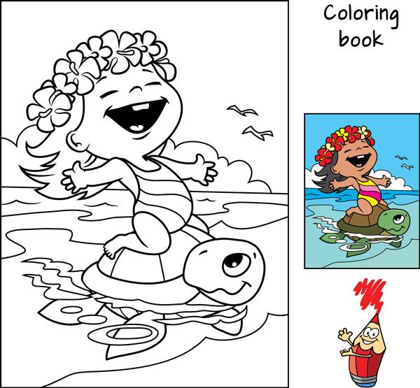 دختر بچه کوچک شاد با لباس شنا و تاج گل هاوایی سوار بر لاک پشت دریایی کتاب رنگ آمیزی تصویر برداری کارتونی