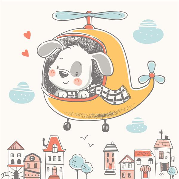 توله سگ ناز بر روی تصویر وکتور کارتونی هلیکوپتری قابل استفاده برای چاپ تی شرت طراحی مد لباس کودکان کارت دعوت حمام نوزاد