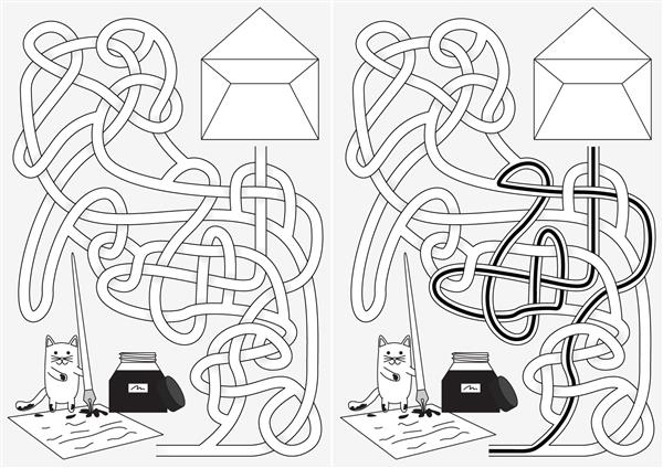 گربه کوچولو پیچ و خم شبکه نامه نویسی برای بچه ها با محلول سیاه و سفید