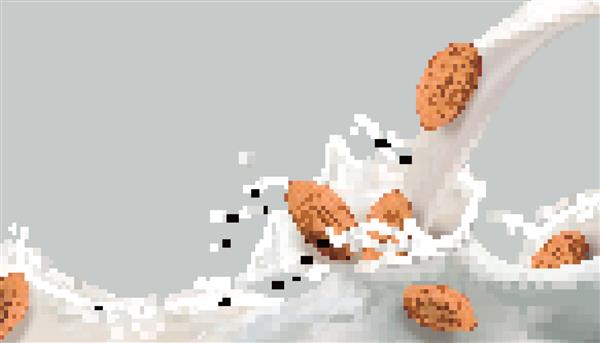 جلوه پاشیدن شیر با بادام در تصویر سه بعدی برای استفاده در طراحی