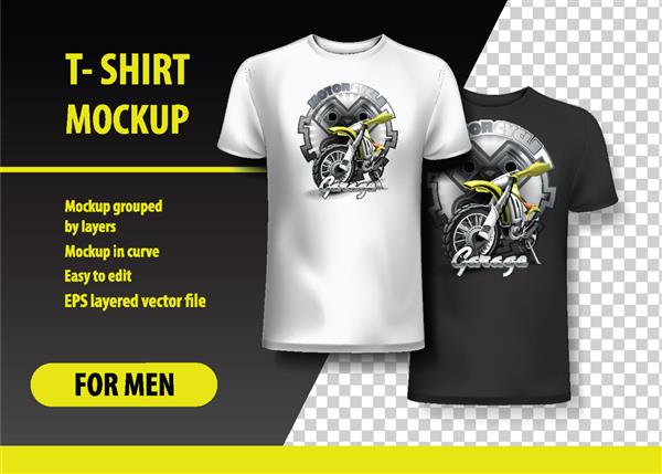 قالب تی شرت کاملا قابل ویرایش با گاراژ موتور سیکلت EPS 10 تصویر برداری