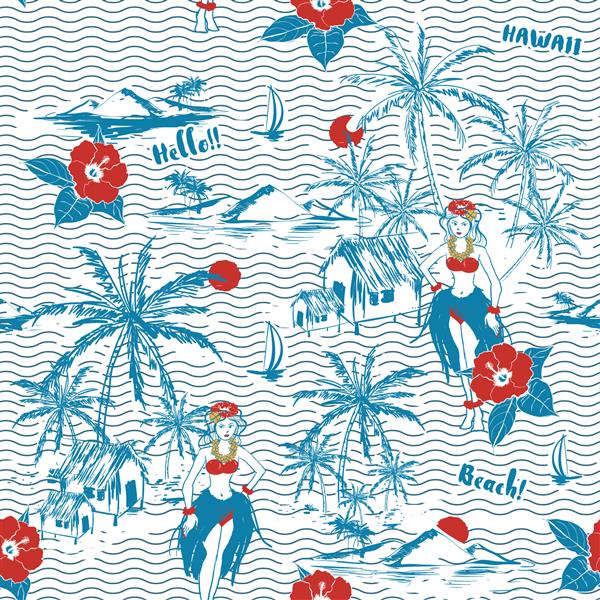 جزیره دخترانه هاوایی الگوی بدون درز در پس زمینه موج وکتور استوایی در دست با گل های هیبیسکوس و درخت نخل در ساحل و اقیانوس روی سفید کشیده شده است