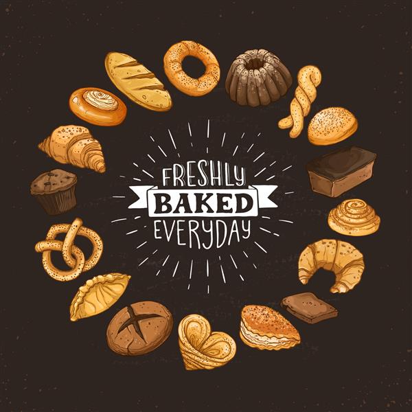 حروف روزانه تازه پخته شده ترکیب دایره ای از نان کشیده شده با دست تصویر برداری برای مغازه های نانوایی روی تخته سیاه مفهوم پوستر نان تازه