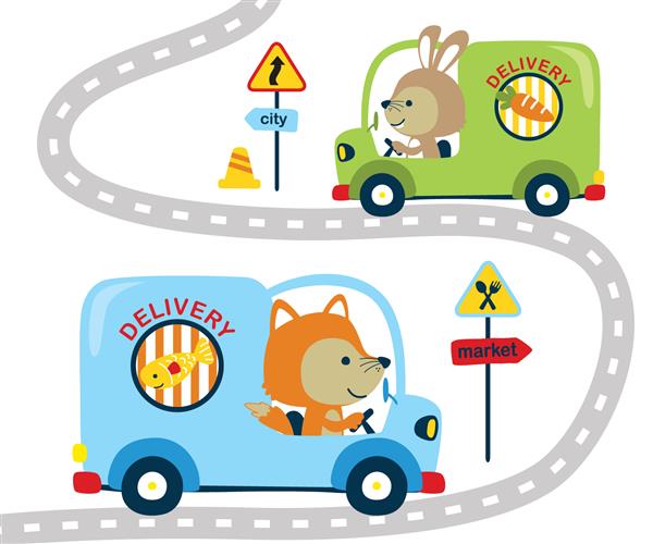 خرگوش ناز و روباه رانندگی ماشین تحویل در خیابان کارتون عناصر ترافیک