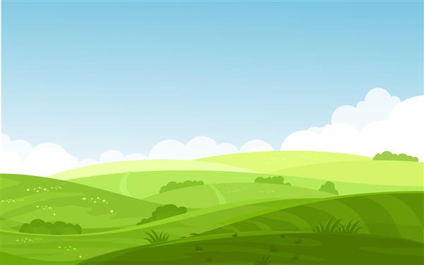 تصویر برداری از منظره مزارع زیبا با سپیده دم تپه های سبز رنگ روشن آسمان آبی پس زمینه به سبک کارتونی تخت