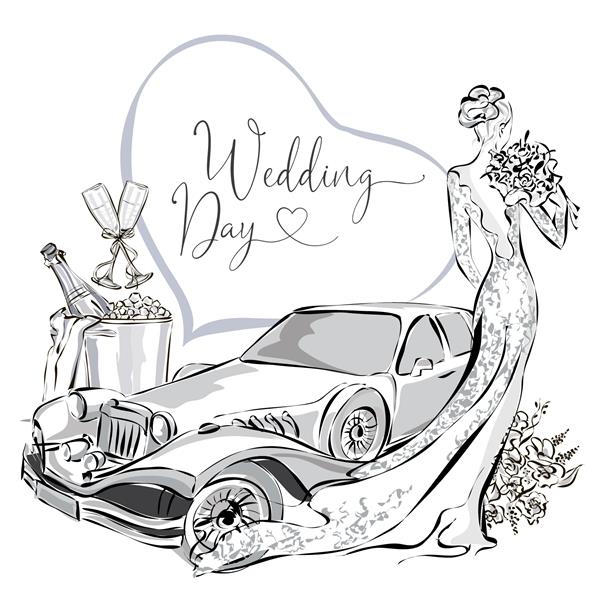 مجموعه کلیپ‌پارت عروسی با عروس زیبا لیموزین عروسی و شامپاین در سطل یخ کارت تبریک عروسی سیاه و سفید یا الگوی دعوت وکتور تصویرسازی هنر