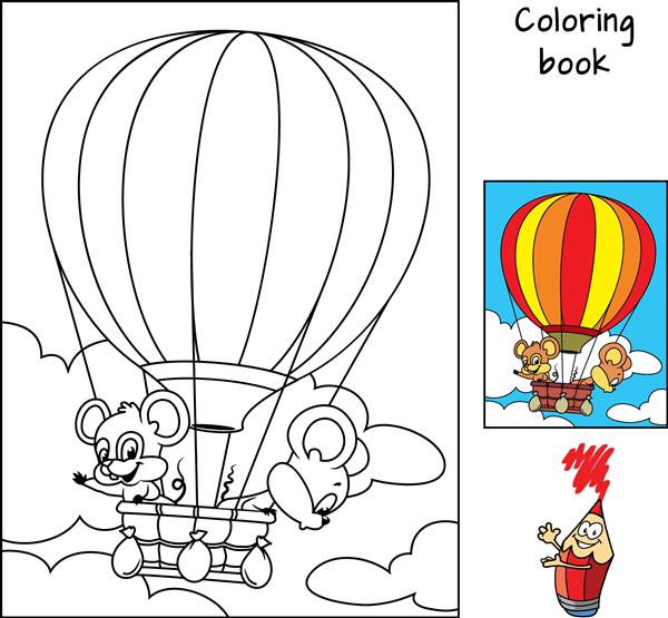 دو موش کوچک در یک بالون هوای گرم سفر می کنند کتاب رنگ آمیزی تصویر برداری کارتونی