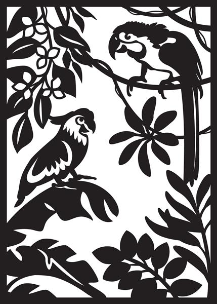 قالب برش لیزری طوطی آرا و کاکادو با برگ خرما در زمینه سفید نقوش جنگل بارانی تصویر برداری استوایی با پرندگان دعوت نامه یا کارت تبریک سیلوئت کاغذی