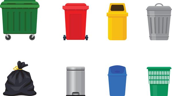 تصویر مسطح از سطل های زباله خیابانی و داخلی ظروف زباله فلزی و پلاستیکی مجموعه وکتور سطل زباله و کیسه رنگارنگ بازیافت سطل زباله با پدال و بالا تاب سطل فلزی با درپوش