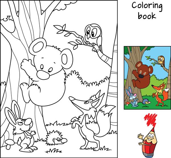 حیوانات در جنگل خرس عروسکی روباه خرگوش جوجه تیغی و جغد کتاب رنگ آمیزی تصویر برداری کارتونی