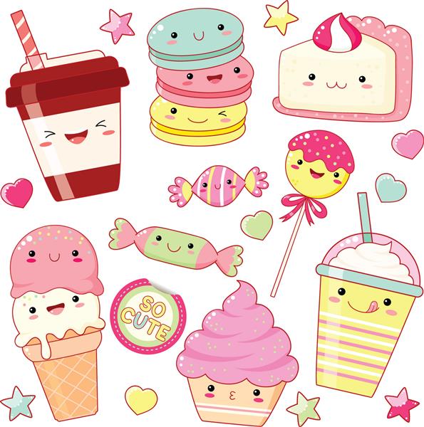 مجموعه ای از آیکون های شیرین زیبا به سبک کاوائی با صورت خندان و گونه های صورتی برای طراحی شیرین برچسب با کتیبه So cute بستنی آب نبات کلاه با قهوه نوشابه کیک کوچک ماکارون EPS8