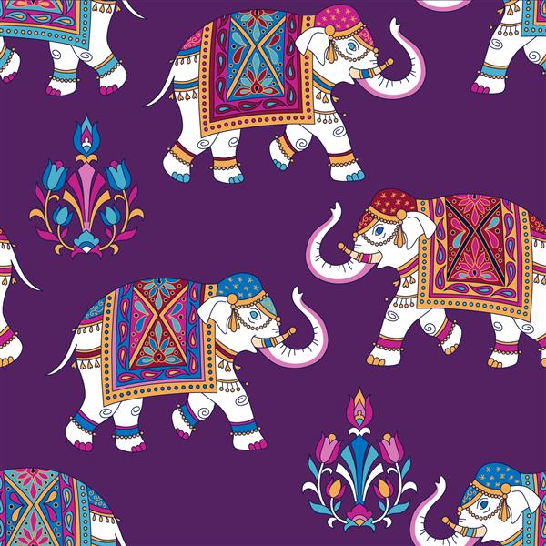 زیور آلات هندی با فیل و عناصر گل در زمینه بنفش الگوی بدون درز برای پارچه و دکوراسیون