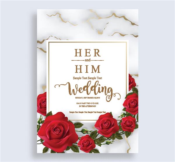 قالب‌های کارت دعوت عروسی با گل رز و گل قرمز زیبا در زمینه مرمر سفید