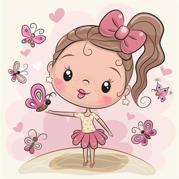 دختر کارتونی ناز با پروانه ها در چمنزار