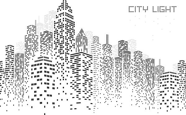 تصویر برداری از خط افق شهر منظره شهری ایجاد شده توسط موقعیت پنجره های سیاه روی زمینه سفید