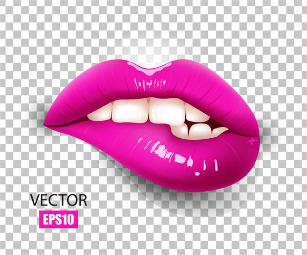 لب های لب گاز گرفتن لب های زنانه با رژ لب فوشیا جدا شده روی پس زمینه شفاف افکت سه بعدی تصویر برداری EPS10