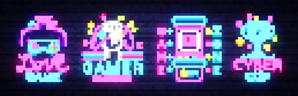 وکتور مجموعه تابلو نئون بازی ویدیویی لوگوهای مفهومی بازی عشق لوگوی گیمر منطقه بازی نشان ورزش سایبری در طراحی مدرن الگوی وکتور بنر نور عنصر طراحی بردار