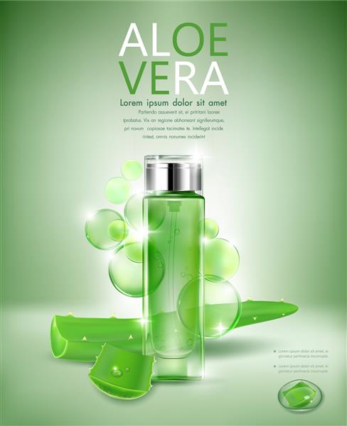 بطری آرایشی شفاف برای تبلیغات با عنصر آلوئه ورا و دایره های سبز در زمینه سبز ملایم تصویر برداری سه بعدی