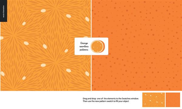 الگوهای غذایی تابستان - میوه بافت پرتقال نیمه کوچک تصویر نارنجی در مرکز - دو الگوی بدون درز از پالپ پرتقال پر از دانه‌های سفید و پوست با سوراخ‌های کوچک پس‌زمینه نارنجی
