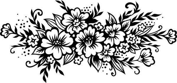 دسته گل تلطیف شده ترکیب تزئینی گل برگ و شاخه تصویر برداری سیاه جدا شده در پس زمینه سفید