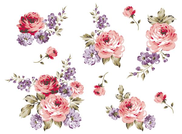 دسته گل رز الگوی گل های جدا شده برای الگوی پارچه چاپ مد روی پس زمینه سفید وکتور رز