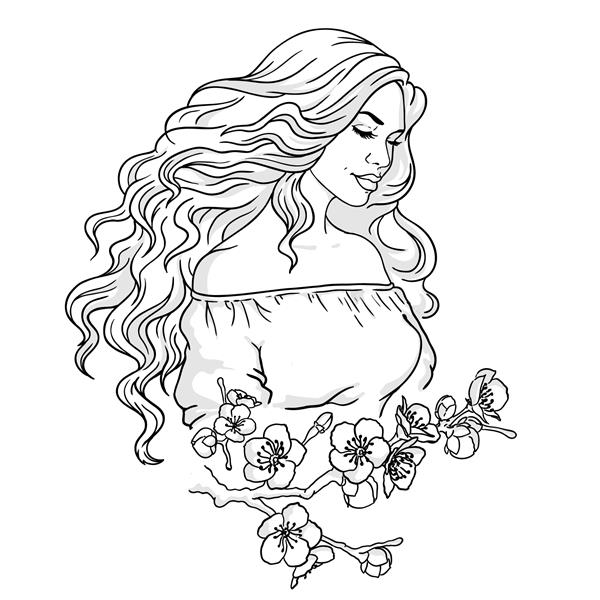 دختری با موهای بلند یک زن زیبا و گل شاخه ساکورا هنر خط تصویر برداری بر روی زمینه سفید