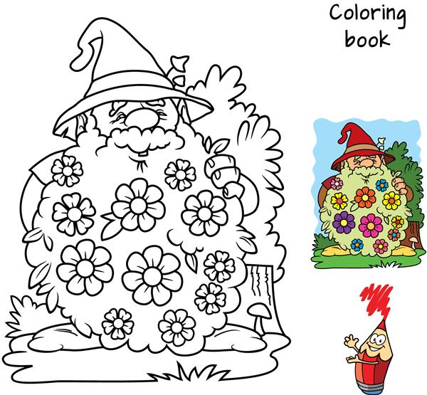 کوتوله بامزه با گل در ریش کتاب رنگ آمیزی تصویر برداری کارتونی