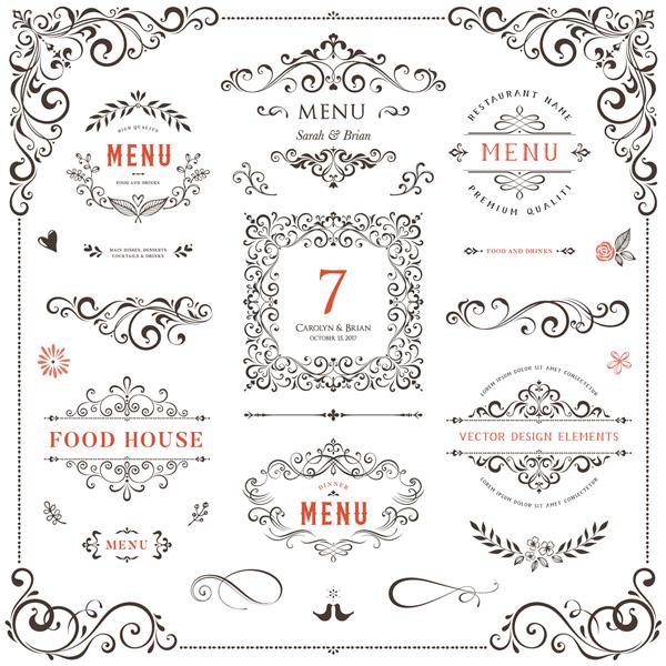 مجموعه عناصر طراحی آراسته شماره میز قالب های منوی عروسی و رستوران وکتور شکوفا می شود طومارها قاب ها