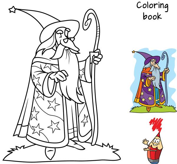 جادوگر دانا با عصای جادویی کلاه و مانتو کتاب رنگ آمیزی تصویر برداری کارتونی
