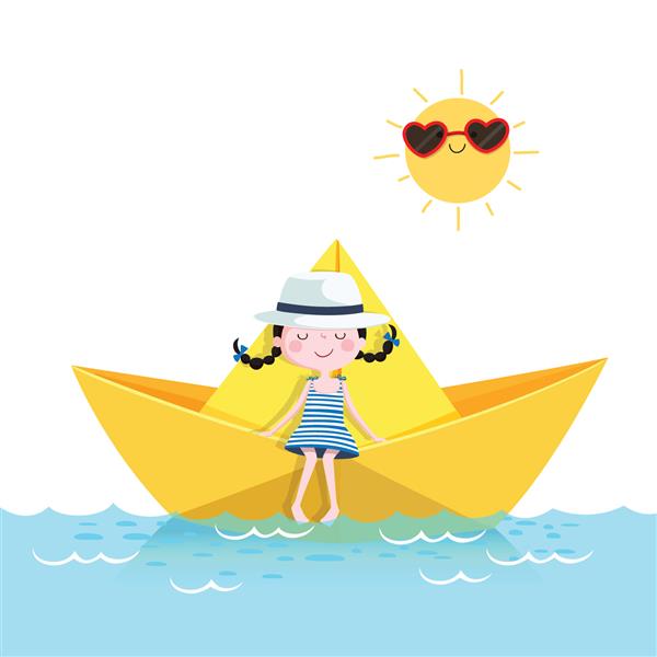 تصویر برداری از دختر ناز در حال استراحت در یک قایق کاغذی مفهوم تعطیلات تابستانی