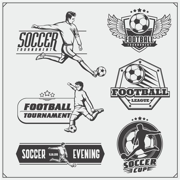 مجموعه ای از وکتور نشان های فوتبال و فوتبال برچسب ها و عناصر طراحی سیلوئت های بازیکن